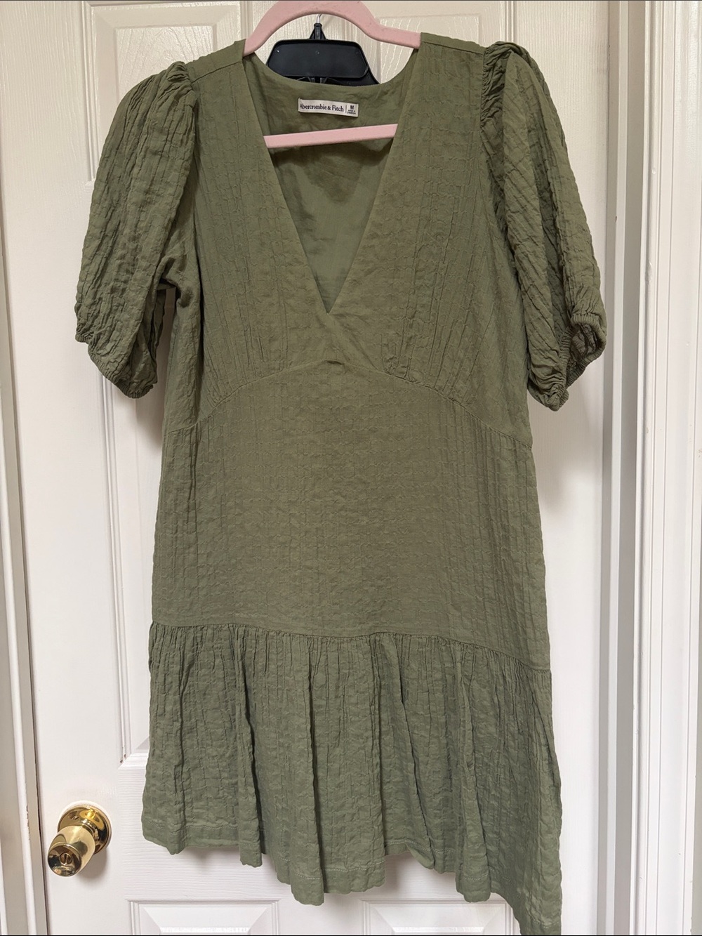 Abercrombie & Fitch Olive Green V-Neck Tiered Mini Dress with Puff Sleeves